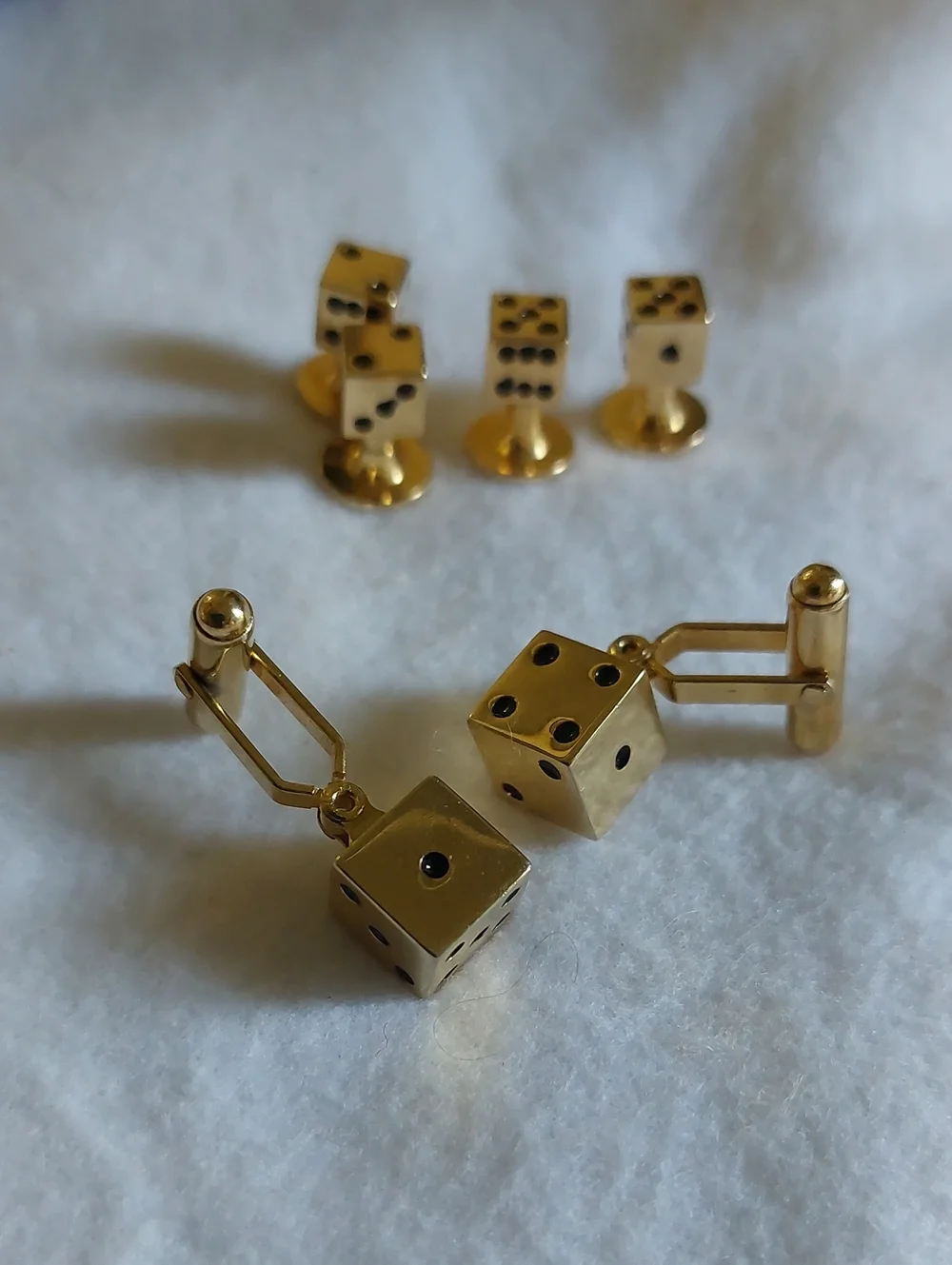 Vintage Men's Gold-Tone Novelty Dice Cufflinks & Shirt Studs Set, Estate Jewelry